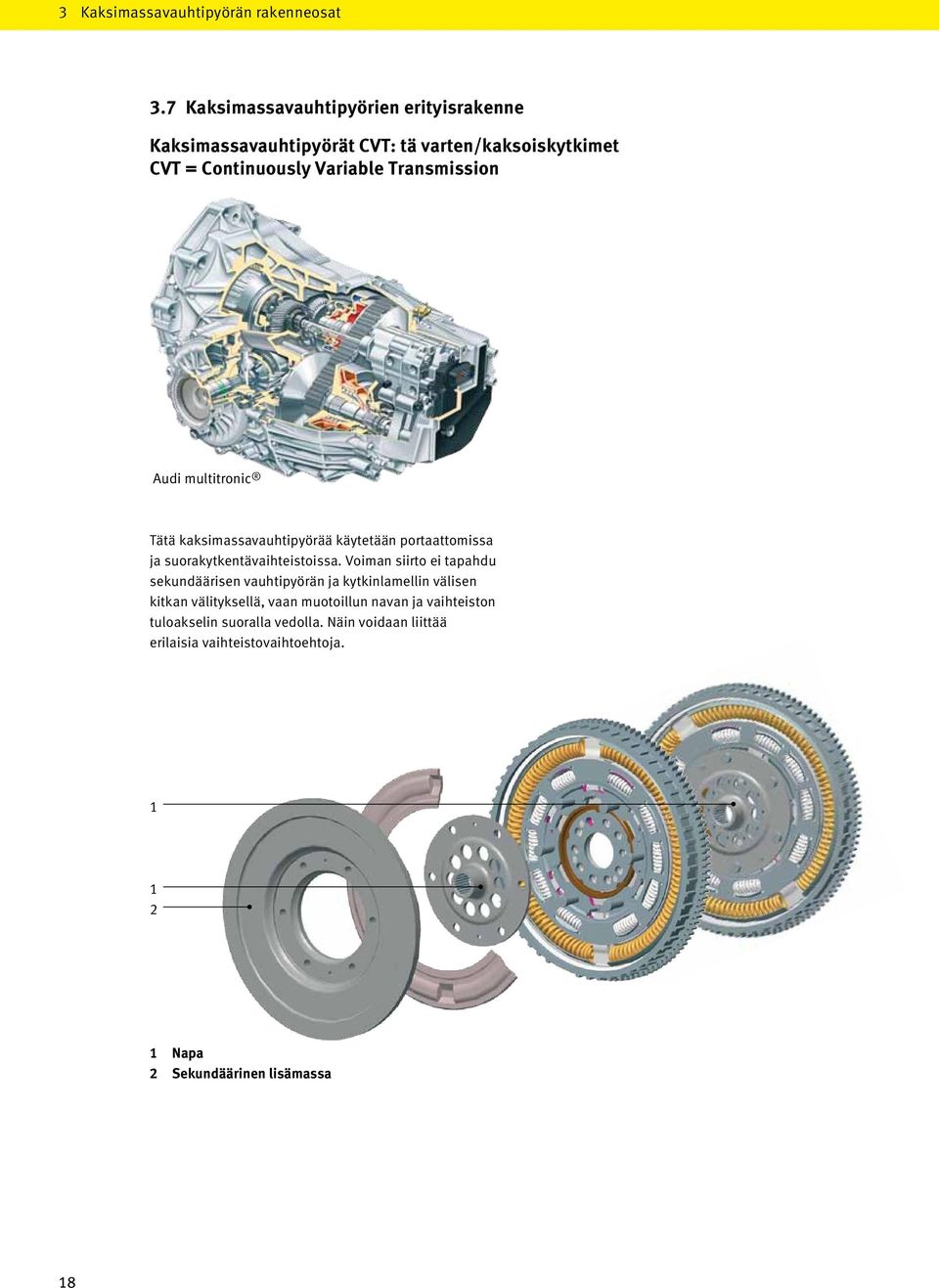 Transmission Audi multitronic Tätä kaksimassavauhtipyörää käytetään portaattomissa ja suorakytkentävaihteistoissa.