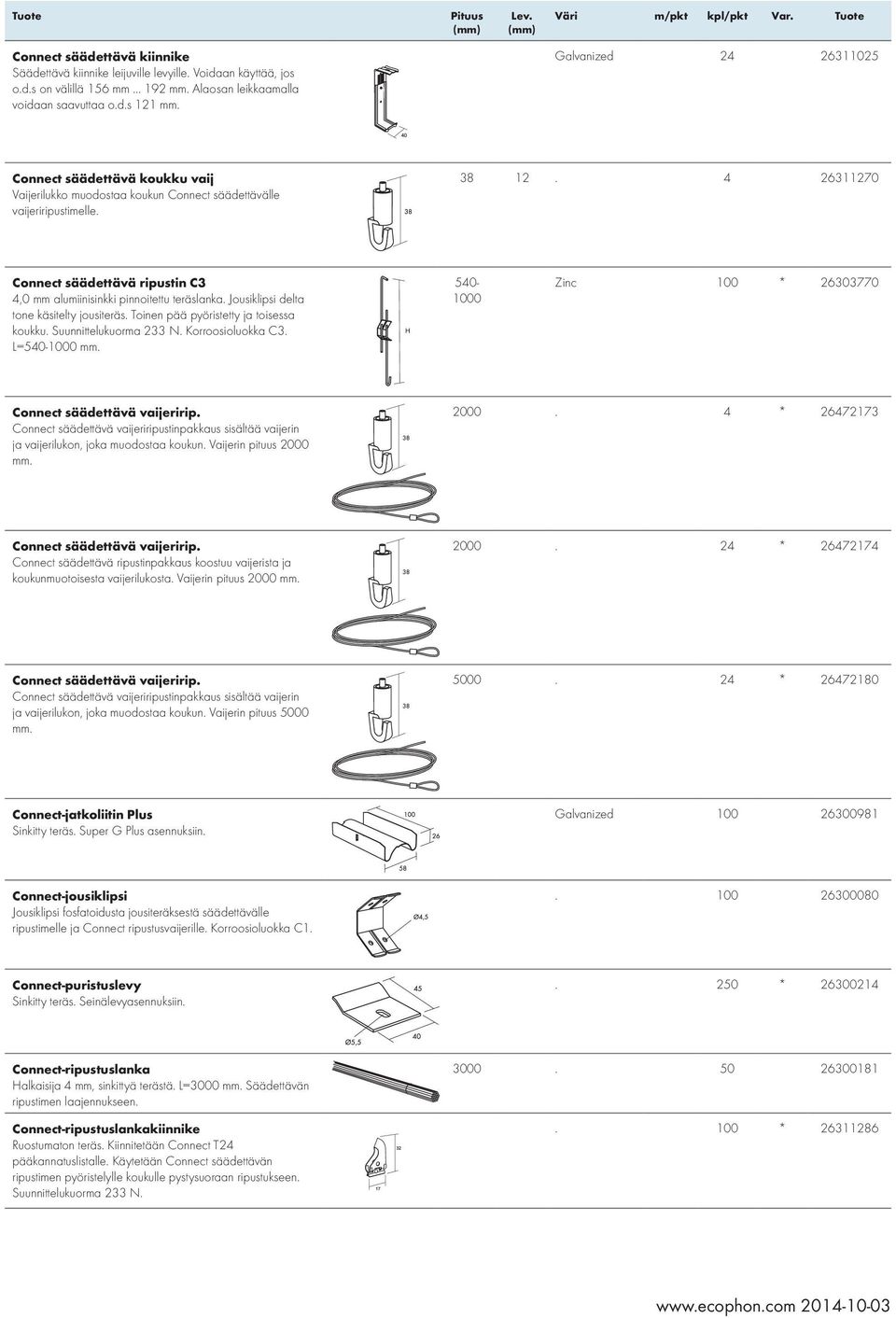 Suunnittelukuorma 233 N. Korroosioluokka C3. L=540-1000 540-1000 Zinc 100 * 26303770 Connect säädettävä vaijeririp.