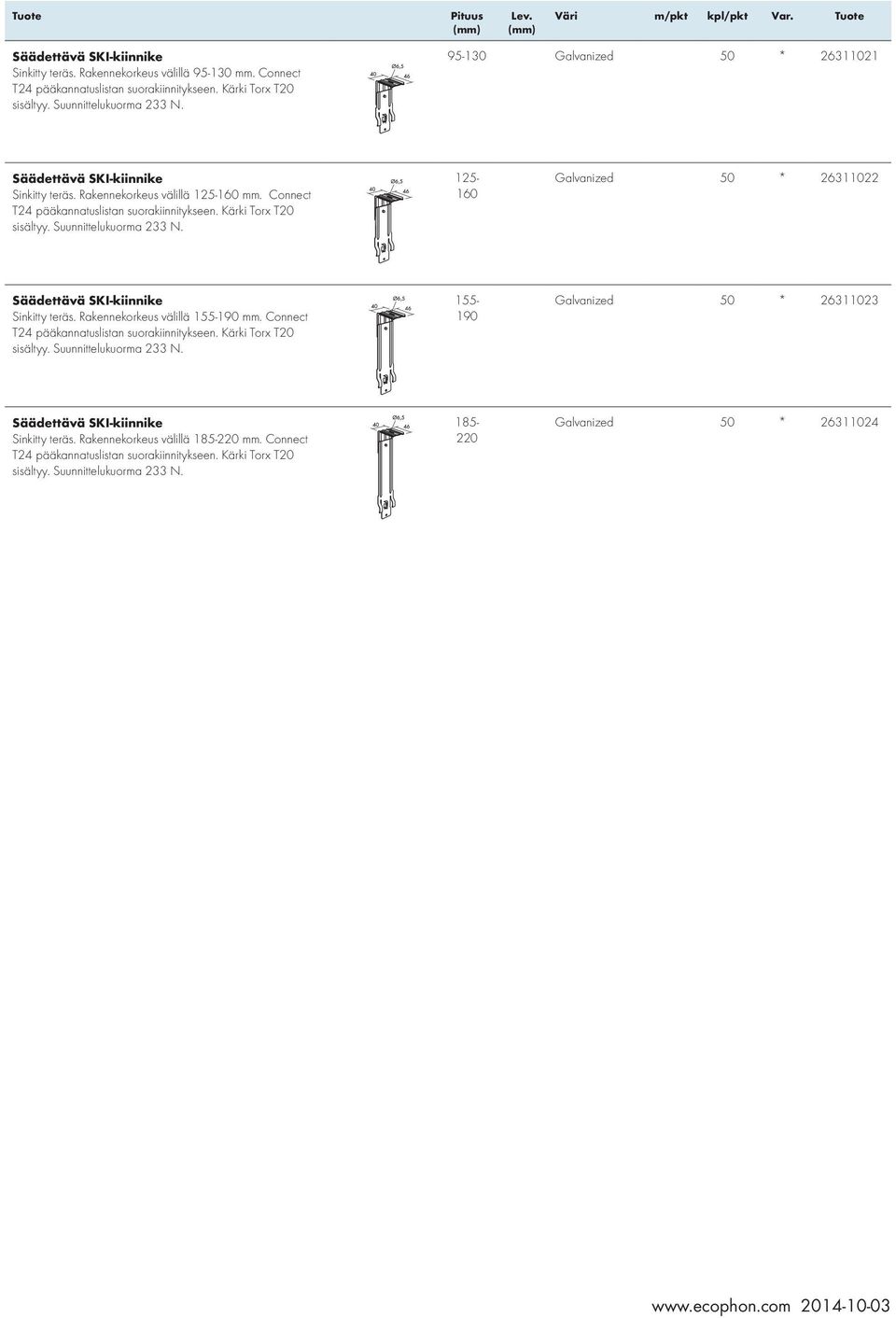 Suunnittelukuorma 233 N. 125-160 Galvanized 50 * 26311022 Säädettävä SKI-kiinnike Sinkitty teräs. Rakennekorkeus välillä 155-190 Connect T24 pääkannatuslistan suorakiinnitykseen.