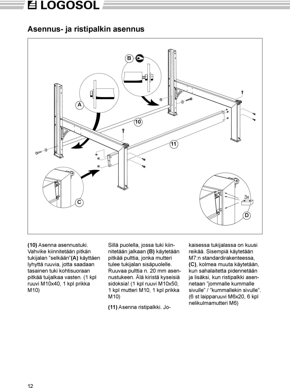 (1 kpl ruuvi M10x40, 1 kpl prikka M10) Sillä puolella, jossa tuki kiinnitetään jalkaan (B) käytetään pitkää pulttia, jonka mutteri tulee tukijalan sisäpuolelle. Ruuvaa pulttia n. 20 mm asennustukeen.
