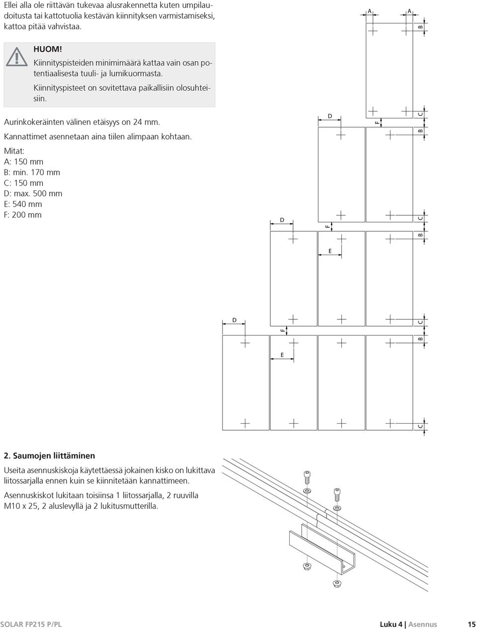 Aurinkokeräinten välinen etäisyys on 24 mm. D F C Kannattimet asennetaan aina tiilen alimpaan kohtaan. B Mitat: A: 150 mm B: min. 170 mm C: 150 mm D: max.