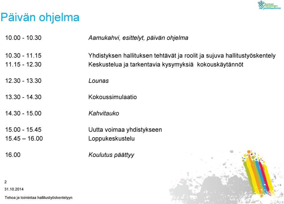 30 Keskustelua ja tarkentavia kysymyksiä kokouskäytännöt 12.30-13.30 Lounas 13.30-14.