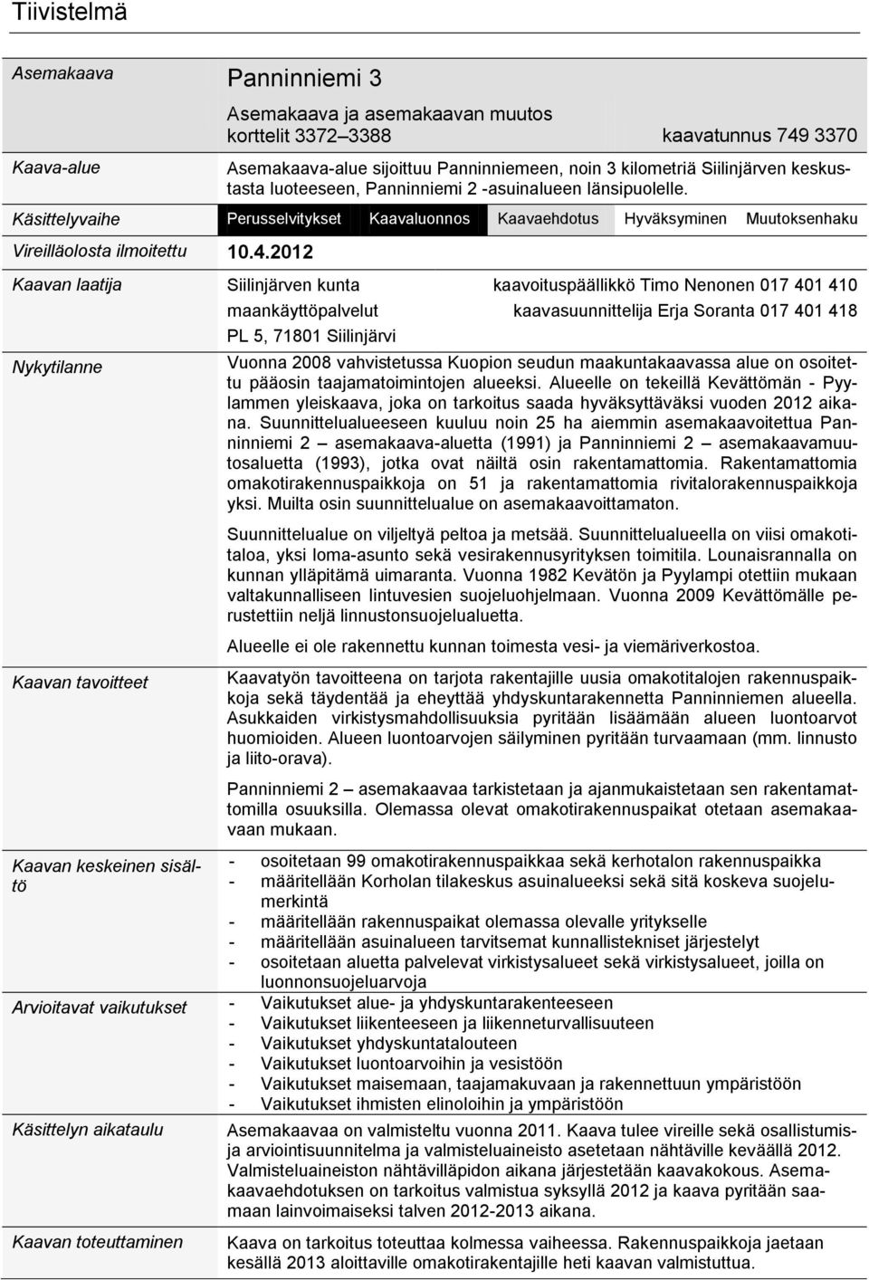 2012 Kaavan laatija Nykytilanne Kaavan tavoitteet Kaavan keskeinen sisältö Siilinjärven kunta maankäyttöpalvelut PL 5, 71801 Siilinjärvi kaavoituspäällikkö Timo Nenonen 017 401 410 kaavasuunnittelija