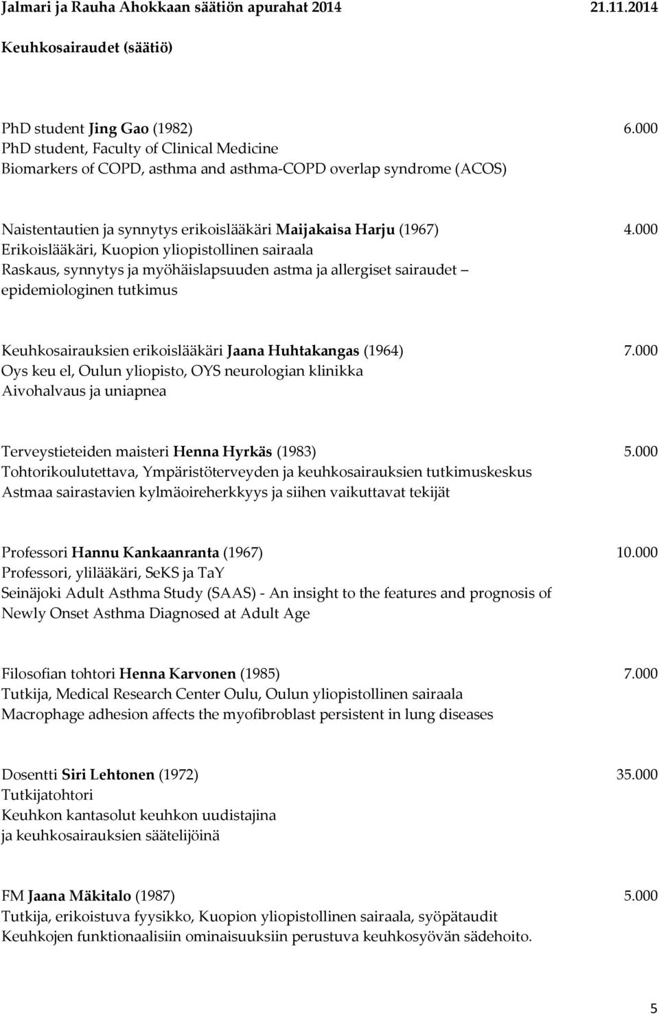 000 Erikoislääkäri, Kuopion yliopistollinen sairaala Raskaus, synnytys ja myöhäislapsuuden astma ja allergiset sairaudet epidemiologinen tutkimus Keuhkosairauksien erikoislääkäri Jaana Huhtakangas