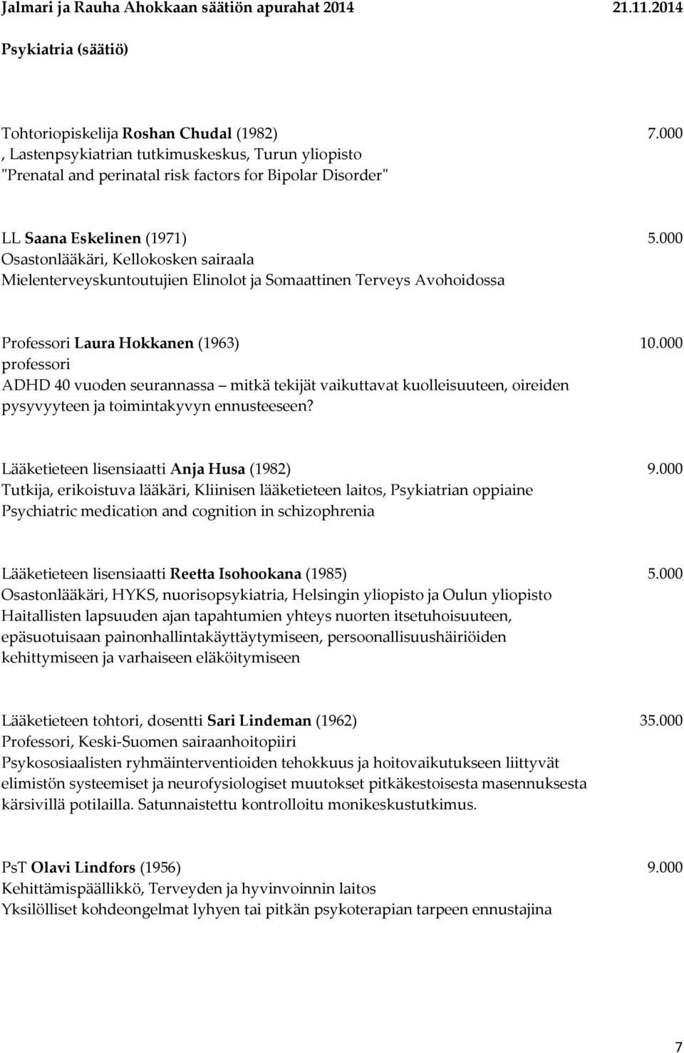 000 Osastonlääkäri, Kellokosken sairaala Mielenterveyskuntoutujien Elinolot ja Somaattinen Terveys Avohoidossa Professori Laura Hokkanen (1963) 10.