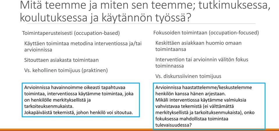 kehollinen toimijuus (praktinen) Arvioinnissa havainnoimme oikeasti tapahtuvaa toimintaa, interventiossa käytämme toimintaa, joka on henkilölle merkityksellistä ja tarkoiteuksenmukaista.