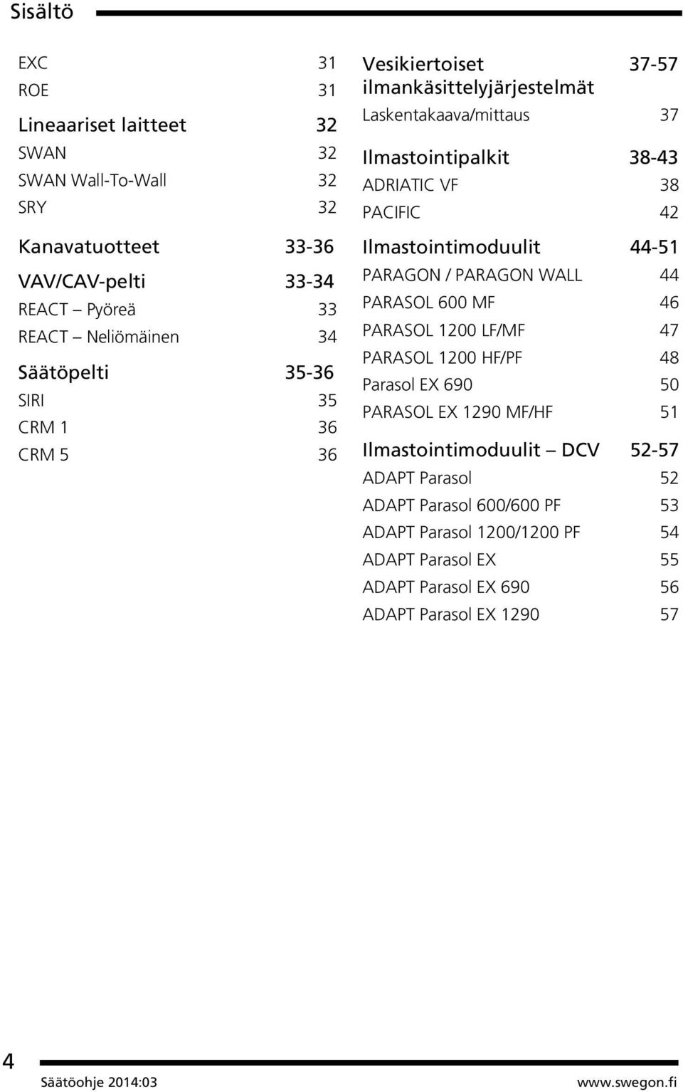 42 Ilmastointimoduulit 44-51 PARAGON / PARAGON WALL 44 PARASOL 600 MF 46 PARASOL 1200 LF/MF 47 PARASOL 1200 HF/PF 48 Parasol EX 690 50 PARASOL EX 1290 MF/HF 51