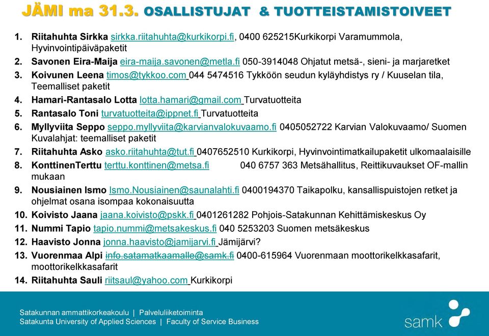 Hamari-Rantasalo Lotta lotta.hamari@gmail.com Turvatuotteita 5. Rantasalo Toni turvatuotteita@ippnet.fi Turvatuotteita 6. Myllyviita Seppo seppo.myllyviita@karvianvalokuvaamo.