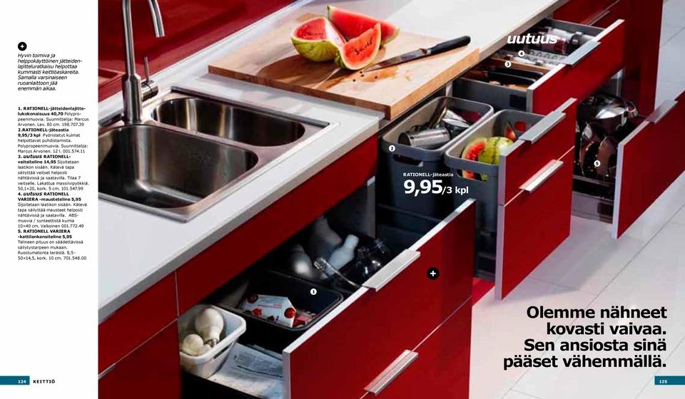 Polypropeenimuovia. Suunnittelija: Marcus Arvonen. 12 l. 001.574.11 3. RATIONELLveitsiteline 14,95 Sijoitetaan laatikon sisään. Kätevä tapa säilyttää veitset helposti nähtävissä ja saatavilla.
