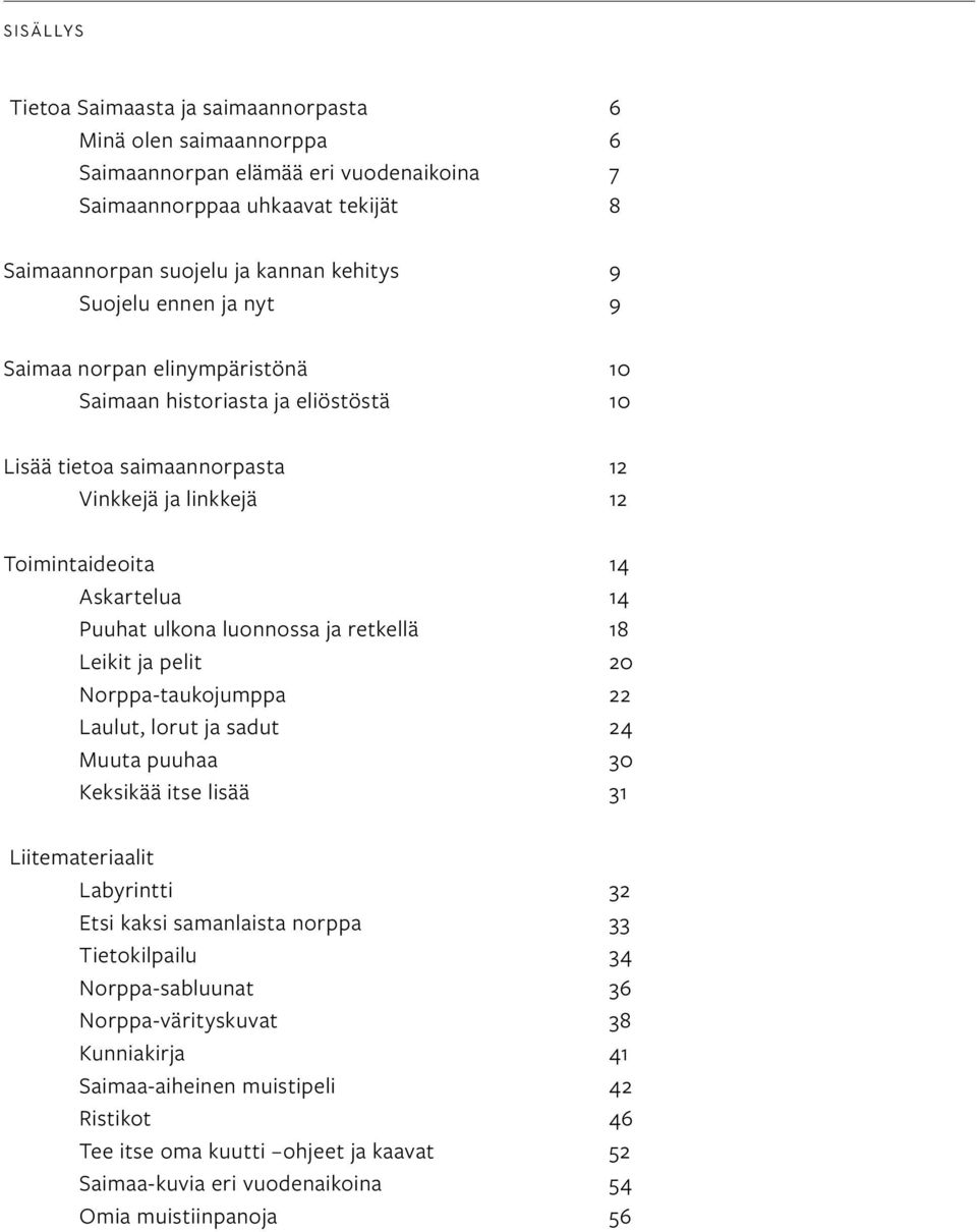 ja retkellä 18 Leikit ja pelit 20 Norppa-taukojumppa 22 Laulut, lorut ja sadut 24 Muuta puuhaa 30 Keksikää itse lisää 31 Liitemateriaalit Labyrintti 32 Etsi kaksi samanlaista norppa 33 Tietokilpailu