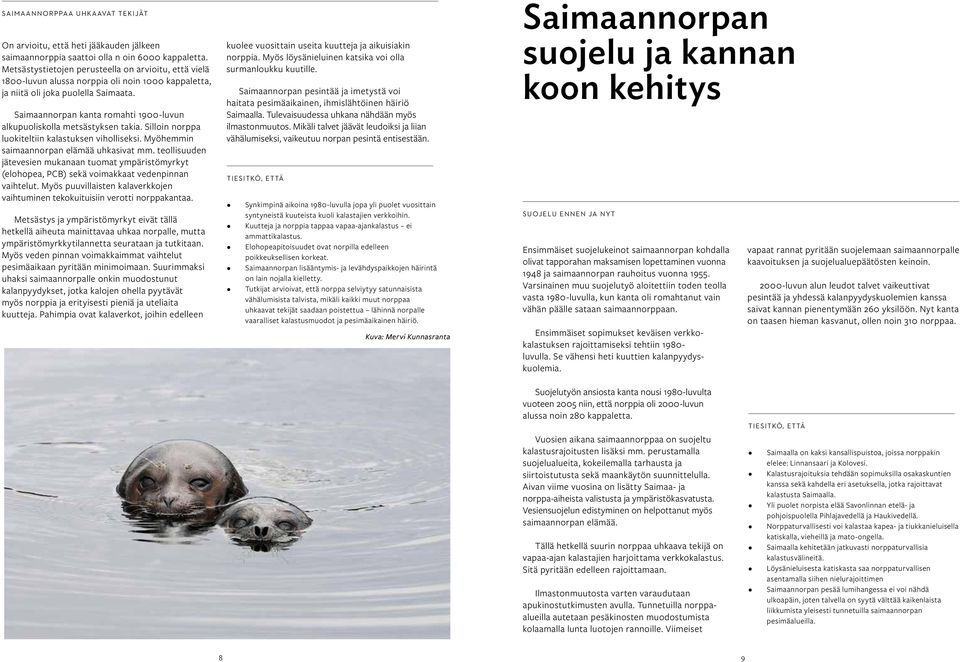 Saimaannorpan kanta romahti 1900-luvun alkupuoliskolla metsästyksen takia. Silloin norppa luokiteltiin kalastuksen viholliseksi. Myöhemmin saimaannorpan elämää uhkasivat mm.