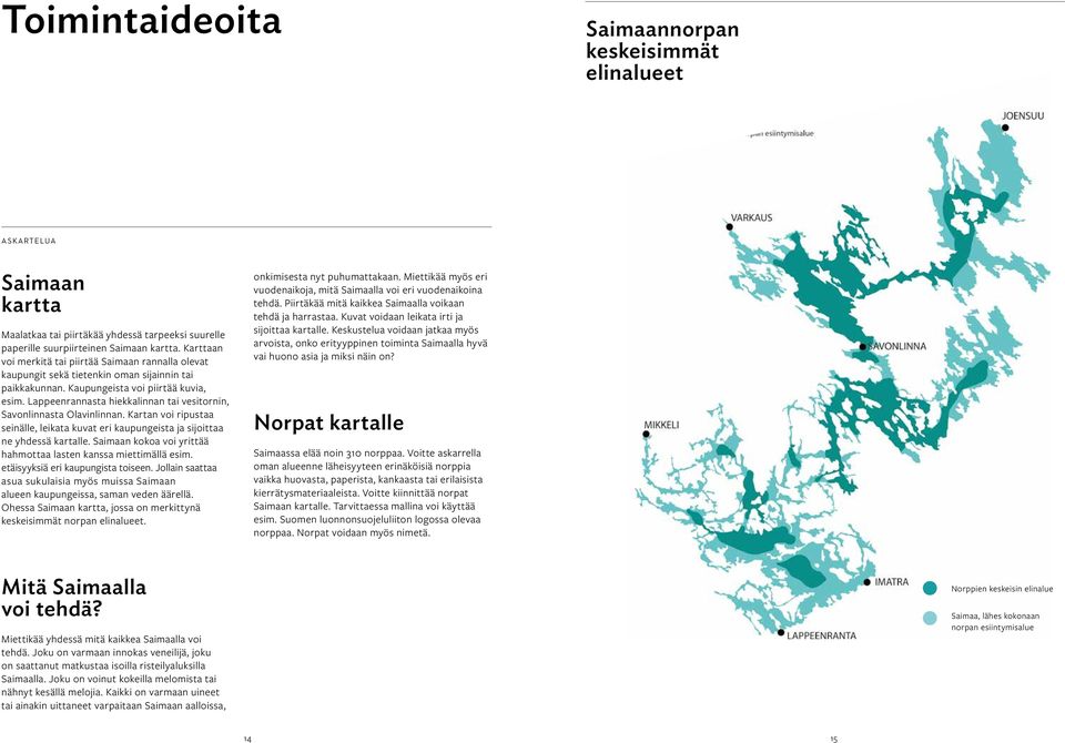 Lappeenrannasta hiekkalinnan tai vesitornin, Savonlinnasta Olavinlinnan. Kartan voi ripustaa seinälle, leikata kuvat eri kaupungeista ja sijoittaa ne yhdessä kartalle.