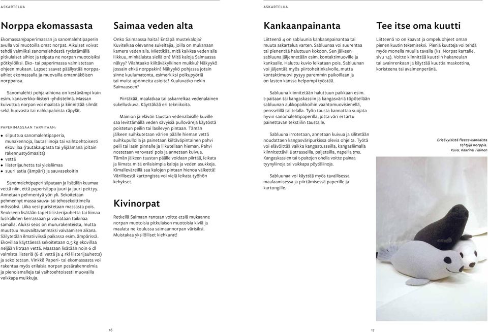 Lapset saavat päällystää norppaaihiot ekomassalla ja muovailla omannäköisen norppansa. Sanomalehti pohja-aihiona on kestävämpi kuin esim. kanaverkko-liisteri -yhdistelmä.