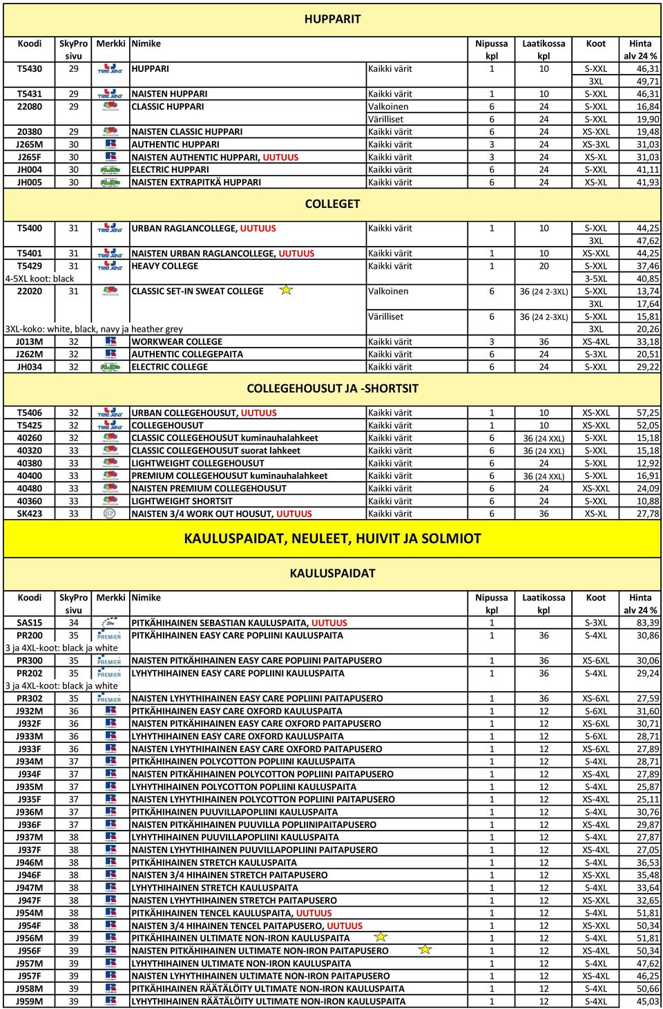 NAISTEN AUTHENTIC HUPPARI, UUTUUS Kaikki värit 3 24 XS-XL 31,03 JH004 30 ELECTRIC HUPPARI Kaikki värit 6 24 S-XXL 41,11 JH005 30 NAISTEN EXTRAPITKÄ HUPPARI Kaikki värit 6 24 XS-XL 41,93 COLLEGET