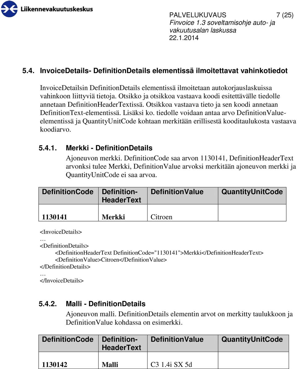 Otsikko ja otsikkoa vastaava koodi esitettävälle tiedolle annetaan Definitionissä. Otsikkoa vastaava tieto ja sen koodi annetaan DefinitionText-elementissä. Lisäksi ko.