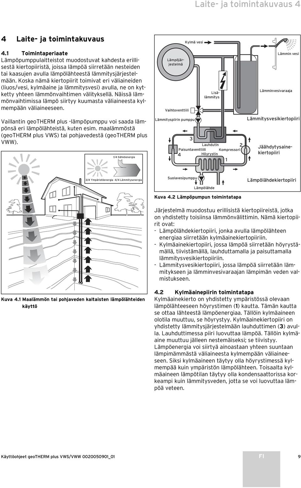 Koska nämä kiertopiirit toimivat eri väliaineiden (liuos/vesi, kylmäaine ja lämmitysvesi) avulla, ne on kytketty yhteen lämmönvaihtimen välityksellä.