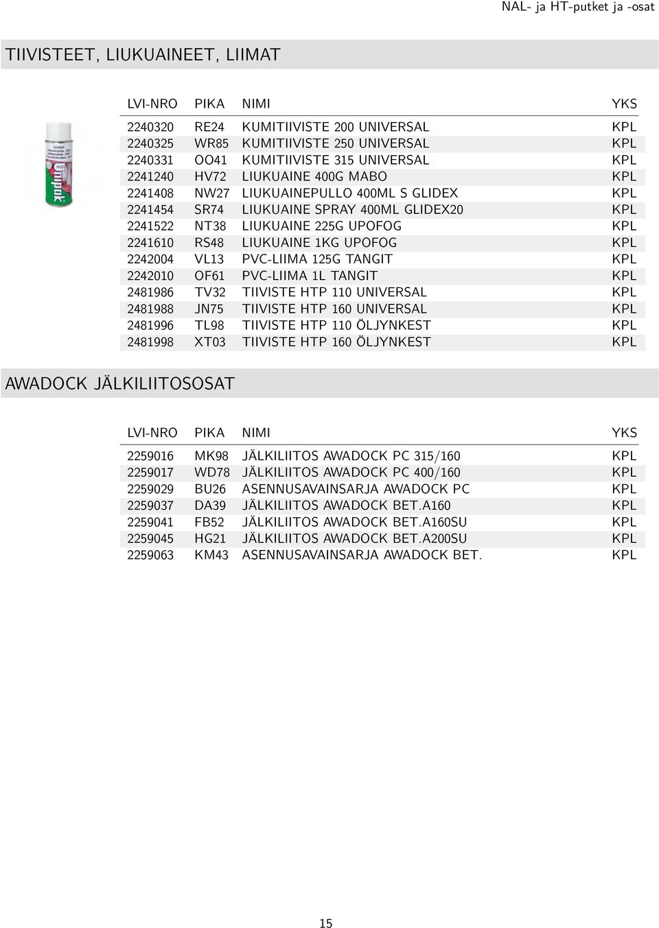 RS48 LIUKUAINE 1KG UPOFOG KPL 2242004 VL13 PVC-LIIMA 125G TANGIT KPL 2242010 OF61 PVC-LIIMA 1L TANGIT KPL 2481986 TV32 TIIVISTE HTP 110 UNIVERSAL KPL 2481988 JN75 TIIVISTE HTP 160 UNIVERSAL KPL