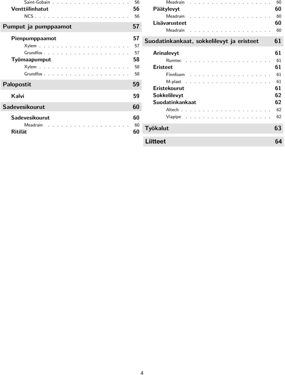 .................. 60 Lisävarusteet 60 Meadrain................... 60 Suodatinkankaat, sokkelilevyt ja eristeet 61 Arinalevyt 61 Rumtec.................... 61 Eristeet 61 Finnfoam................... 61 M-plast.