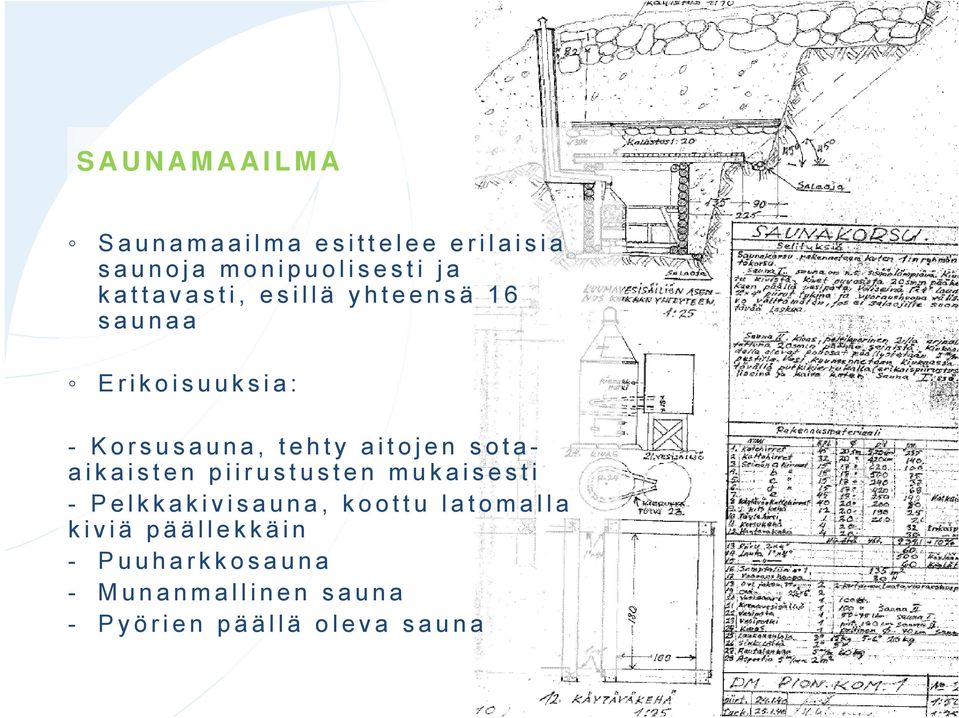 esillä yhteensä 16 saunaa Erikoisuuksia: - Korsusauna, tehty aitojen sotaaikaisten