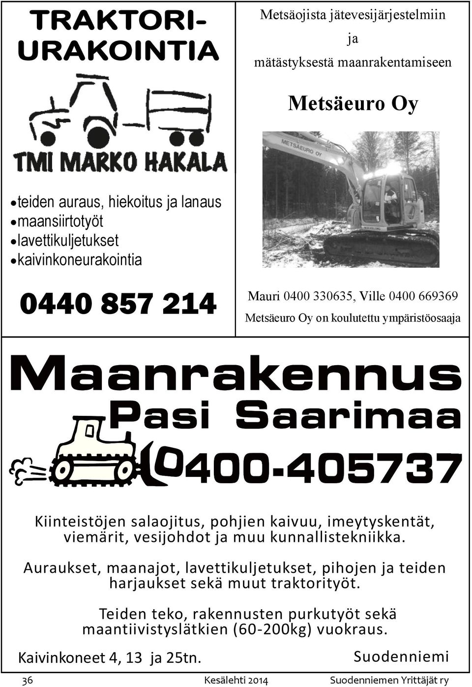 pohjien kaivuu, imeytyskentät, viemärit, vesijohdot ja muu kunnallistekniikka.