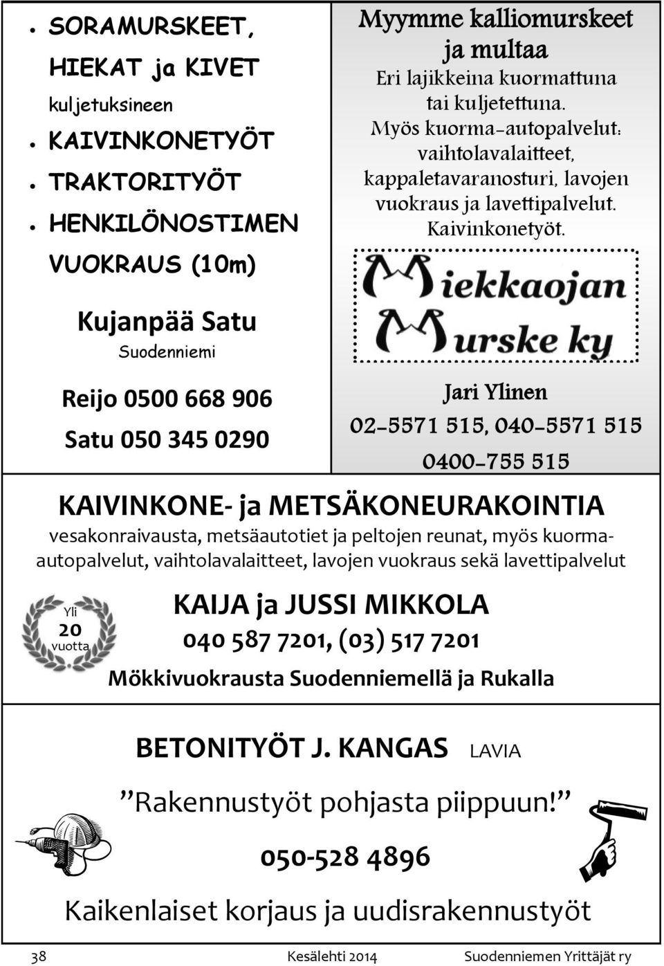 Kujanpää Satu Suodenniemi Reijo 0500 668 906 Satu 050 345 0290 Jari Ylinen 02-5571 515, 040-5571 515 0400-755 515 KAIVINKONE- ja METSÄKONEURAKOINTIA vesakonraivausta, metsäautotiet ja peltojen