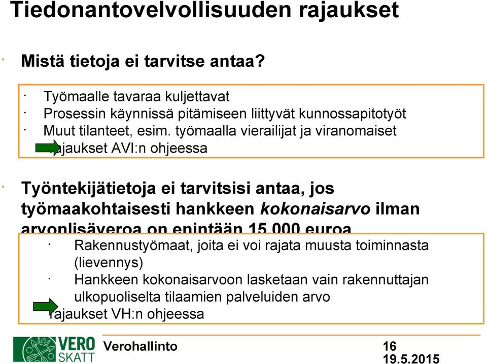 työmaalla vierailijat ja viranomaiset rajaukset AVI:n ohjeessa Työntekijätietoja ei tarvitsisi antaa, jos työmaakohtaisesti hankkeen