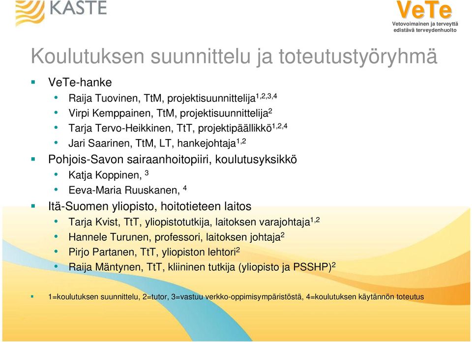 Ruuskanen, 4 Itä-Suomen yliopisto, hoitotieteen laitos Tarja Kvist, TtT, yliopistotutkija, laitoksen varajohtaja 1,2 Hannele Turunen, professori, laitoksen johtaja 2 Pirjo