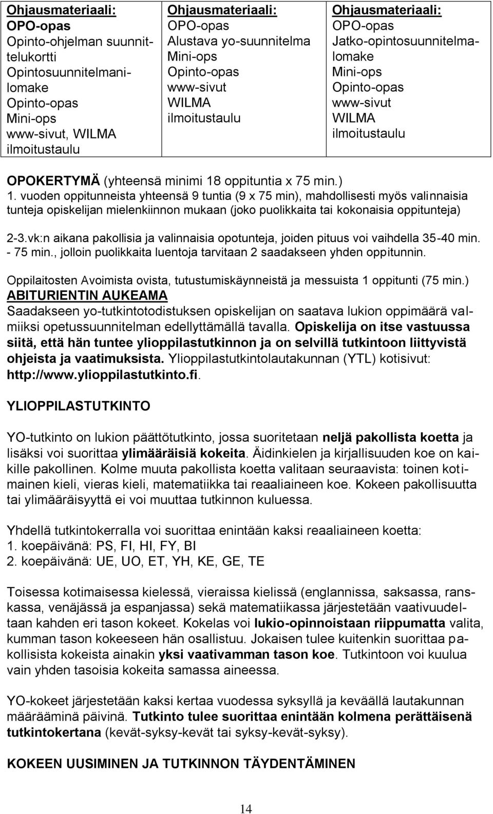 min.) 1. vuoden oppitunneista yhteensä 9 tuntia (9 x 75 min), mahdollisesti myös valinnaisia tunteja opiskelijan mielenkiinnon mukaan (joko puolikkaita tai kokonaisia oppitunteja) 2-3.