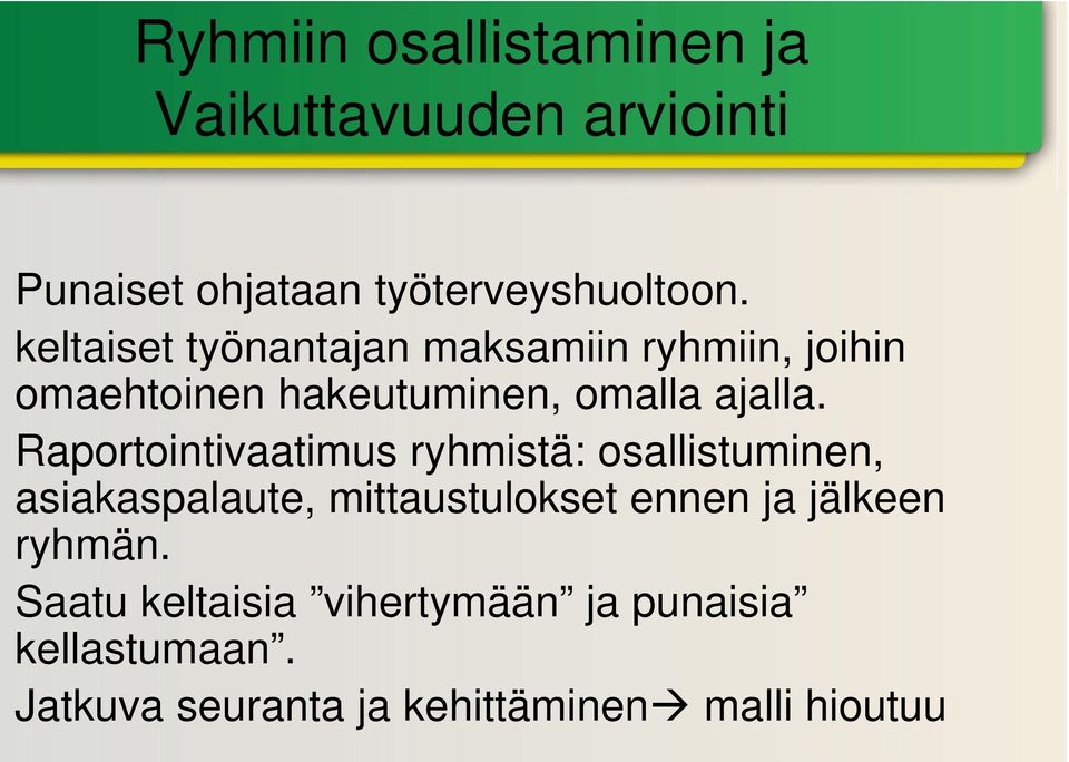 Raportointivaatimus ryhmistä: osallistuminen, asiakaspalaute, mittaustulokset ennen ja jälkeen