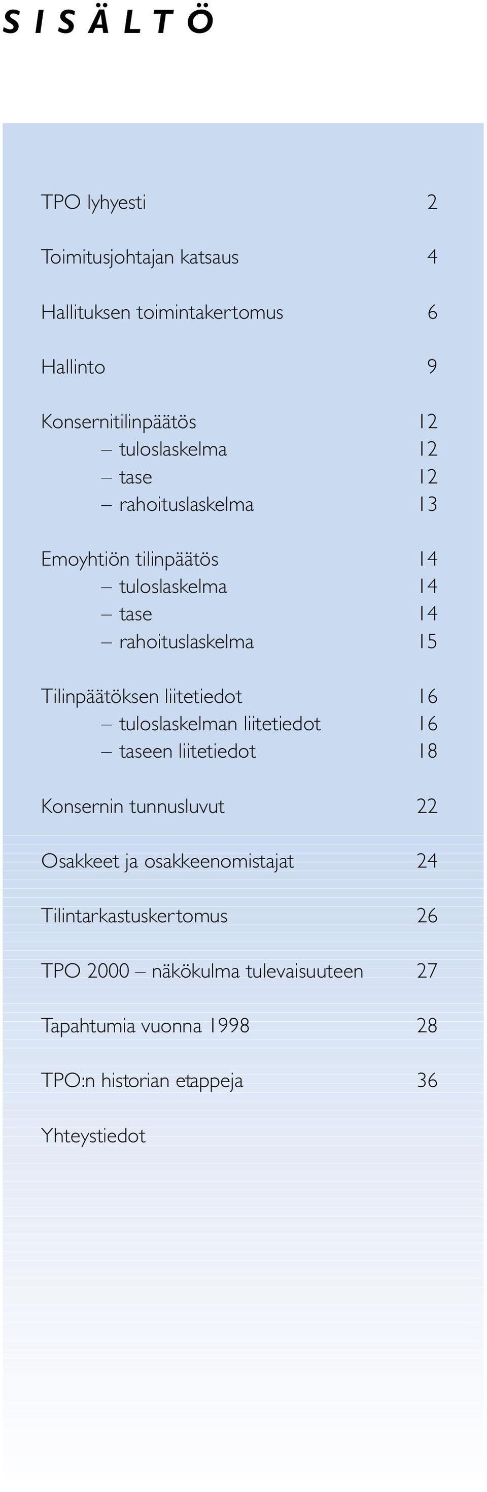 Tilinpäätöksen liitetiedot 16 tuloslaskelman liitetiedot 16 taseen liitetiedot 18 Konsernin tunnusluvut 22 Osakkeet ja