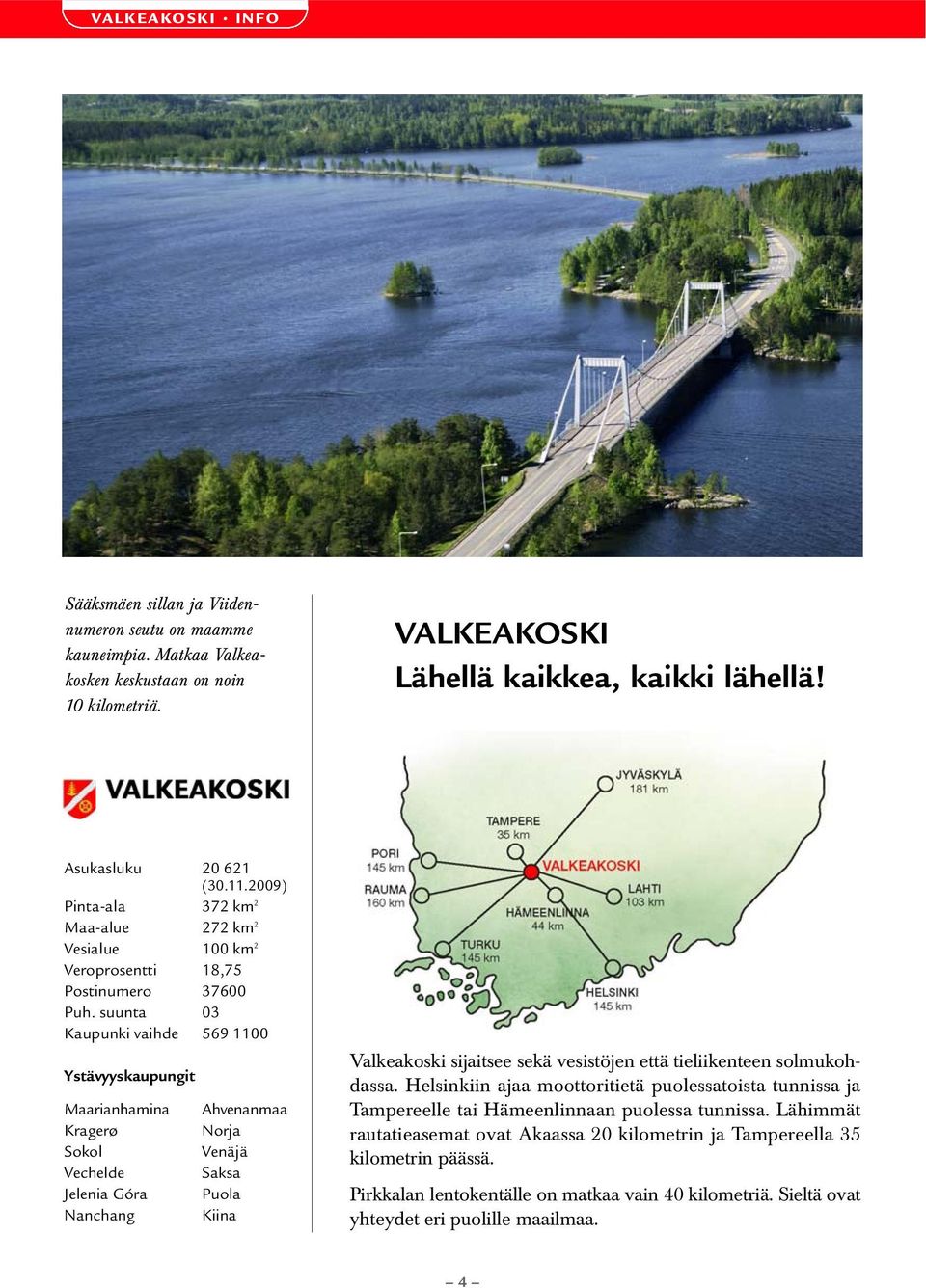 suunta 03 Kaupunki vaihde 569 1100 Ystävyyskaupungit Maarianhamina Kragerø Sokol Vechelde Jelenia Góra Nanchang Ahvenanmaa Norja Venäjä Saksa Puola Kiina Valkeakoski sijaitsee sekä vesistöjen että