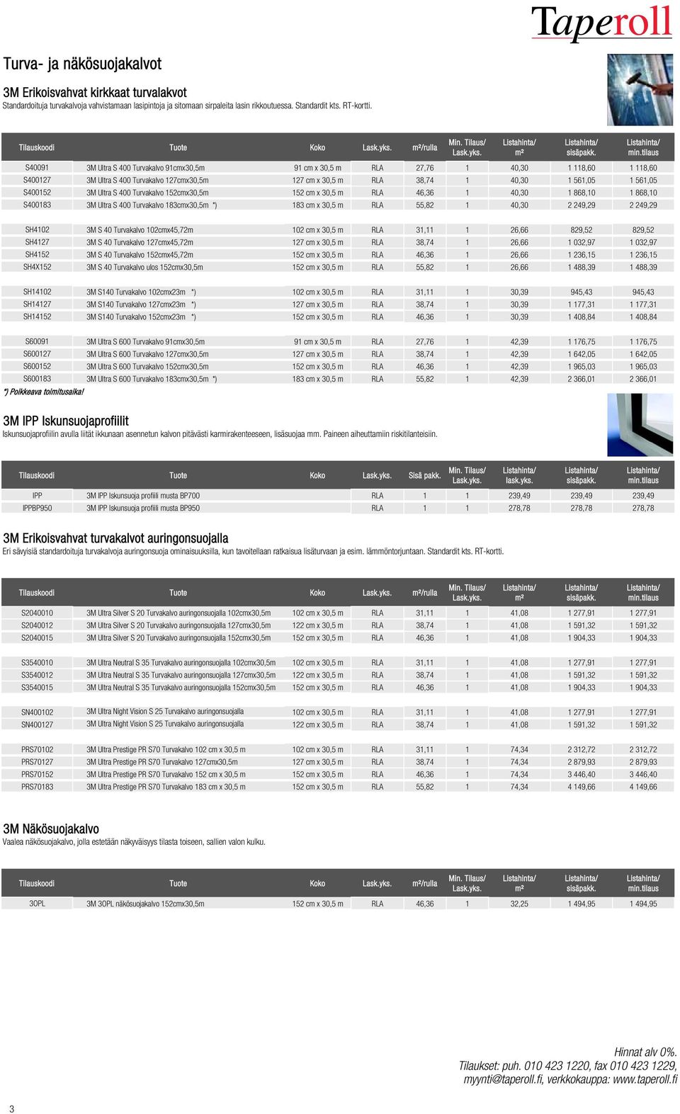 40,30 1 561,05 1 561,05 S400152 3M Ultra S 400 Turvakalvo 152cmx30,5m 152 cm x 30,5 m RLA 46,36 1 40,30 1 868,10 1 868,10 S400183 3M Ultra S 400 Turvakalvo 183cmx30,5m *) 183 cm x 30,5 m RLA 55,82 1