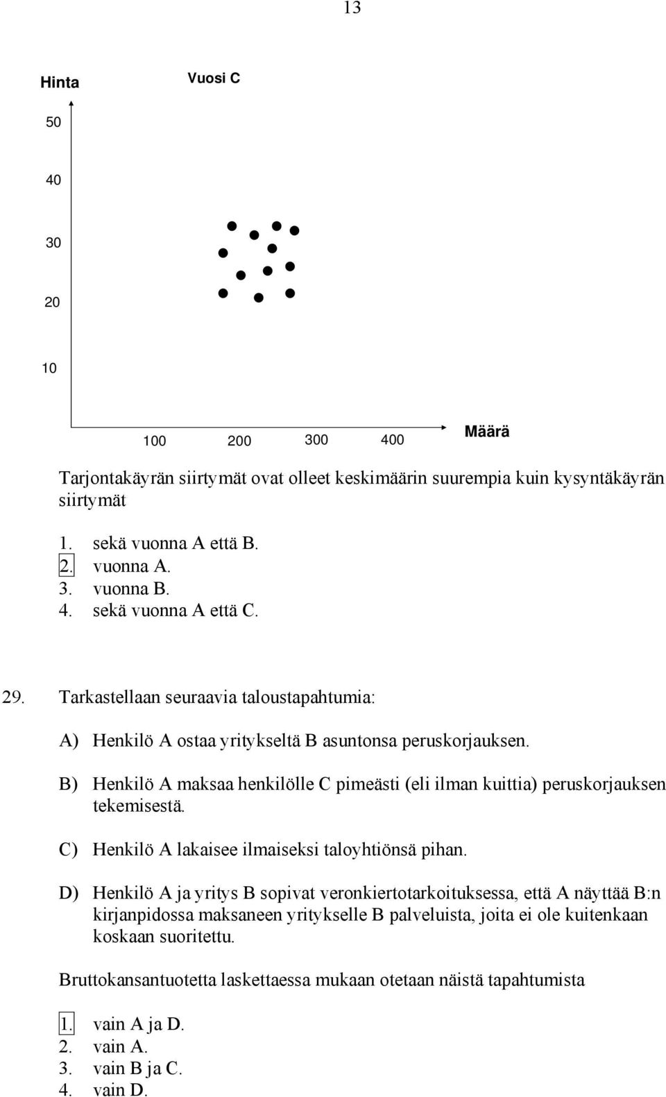 B) Henkilö A maksaa henkilölle C pimeästi (eli ilman kuittia) peruskorjauksen tekemisestä. C) Henkilö A lakaisee ilmaiseksi taloyhtiönsä pihan.