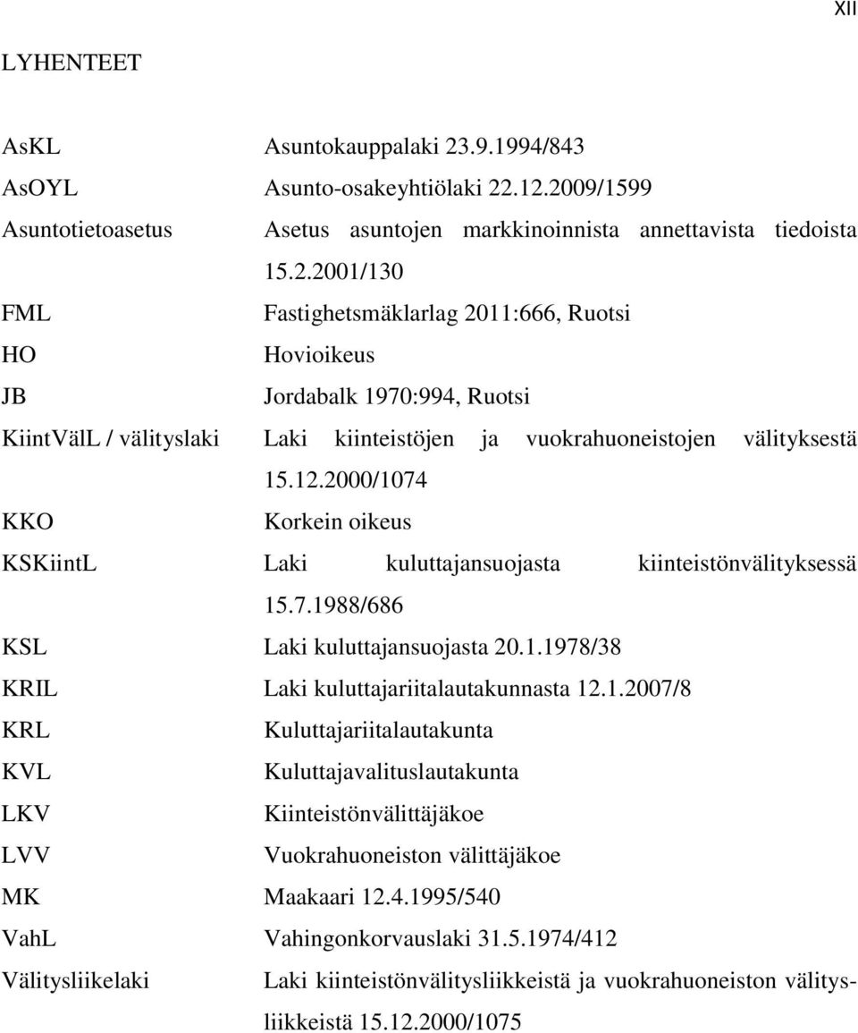 .12.2009/1599 Asuntotietoasetus Asetus asuntojen markkinoinnista annettavista tiedoista 15.2.2001/130 FML Fastighetsmäklarlag 2011:666, Ruotsi HO Hovioikeus JB Jordabalk 1970:994, Ruotsi KiintVälL / välityslaki Laki kiinteistöjen ja vuokrahuoneistojen välityksestä 15.