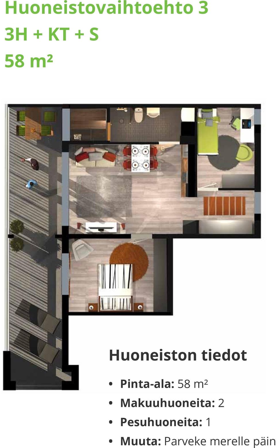 Pinta-ala: 58 m² Makuuhuoneita: 2