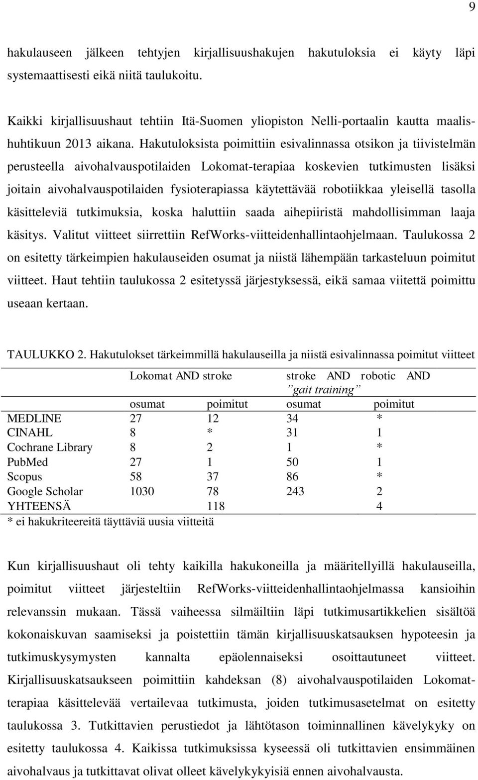 Hakutuloksista poimittiin esivalinnassa otsikon ja tiivistelmän perusteella aivohalvauspotilaiden Lokomat-terapiaa koskevien tutkimusten lisäksi joitain aivohalvauspotilaiden fysioterapiassa