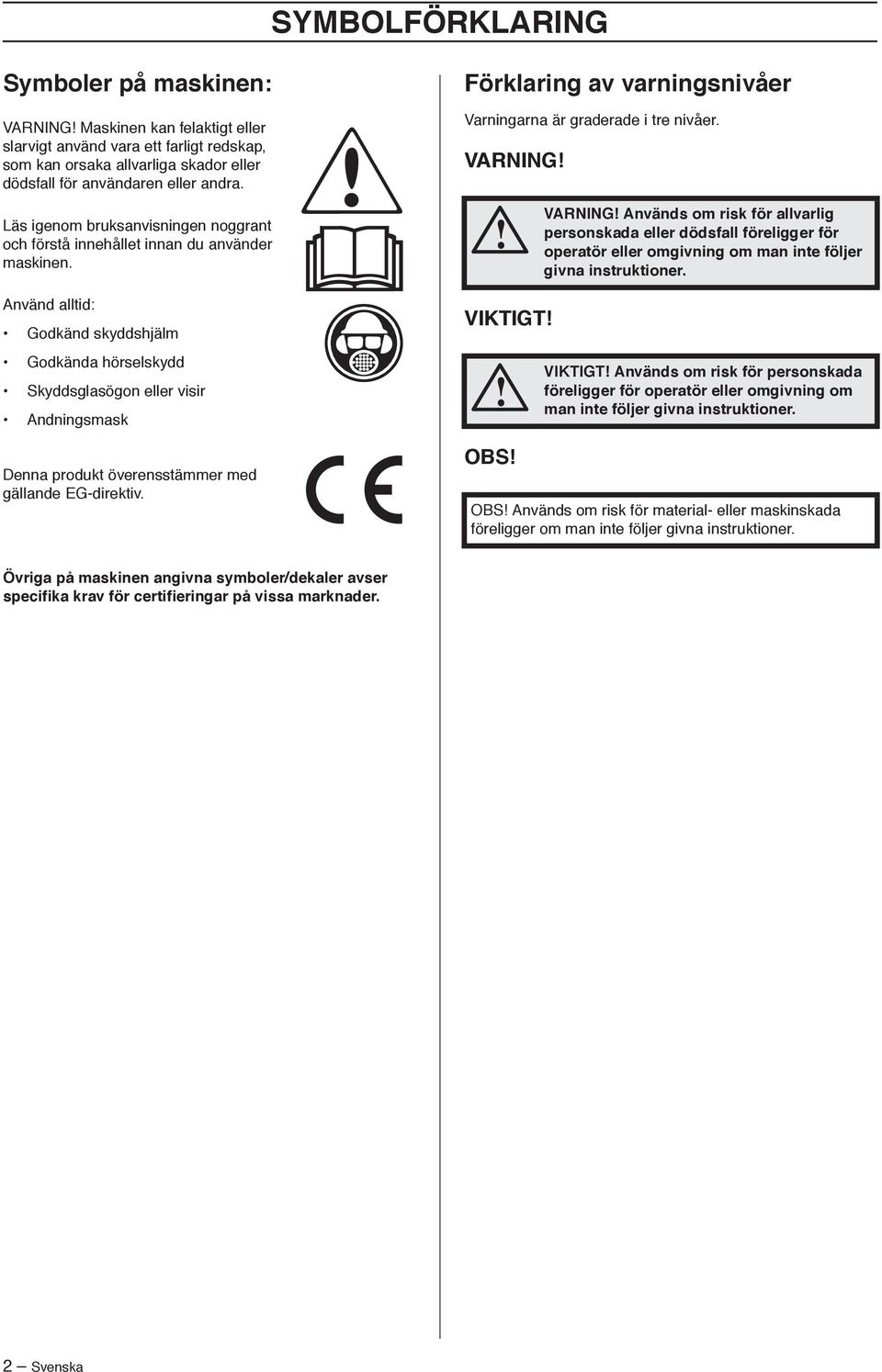 Använd alltid: Godkänd skyddshjälm Godkända hörselskydd Skyddsglasögon eller visir Andningsmask Denna produkt överensstämmer med gällande EG-direktiv.