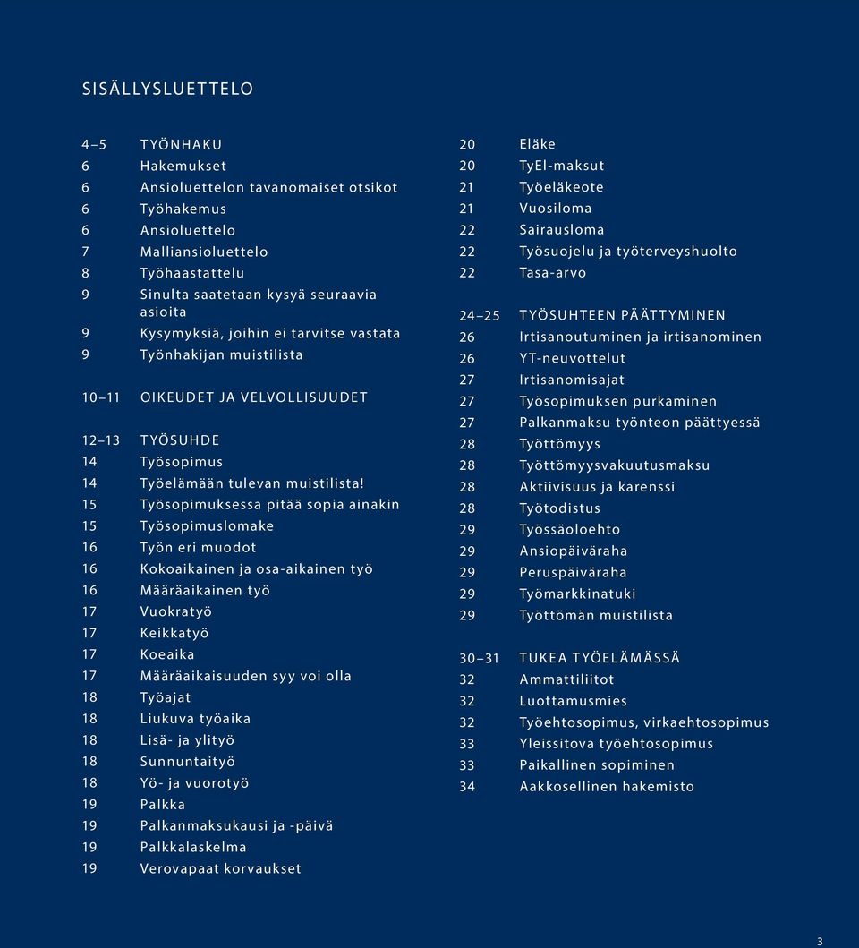 PÄÄTTYMINEN Irtisanoutuminen ja irtisanominen YT-neuvottelut 10 11 OIKEUDET JA VELVOLLISUUDET 27 27 Irtisanomisajat Työsopimuksen purkaminen 12 13 14 14 15 15 16 16 16 17 17 TYÖSUHDE Työsopimus