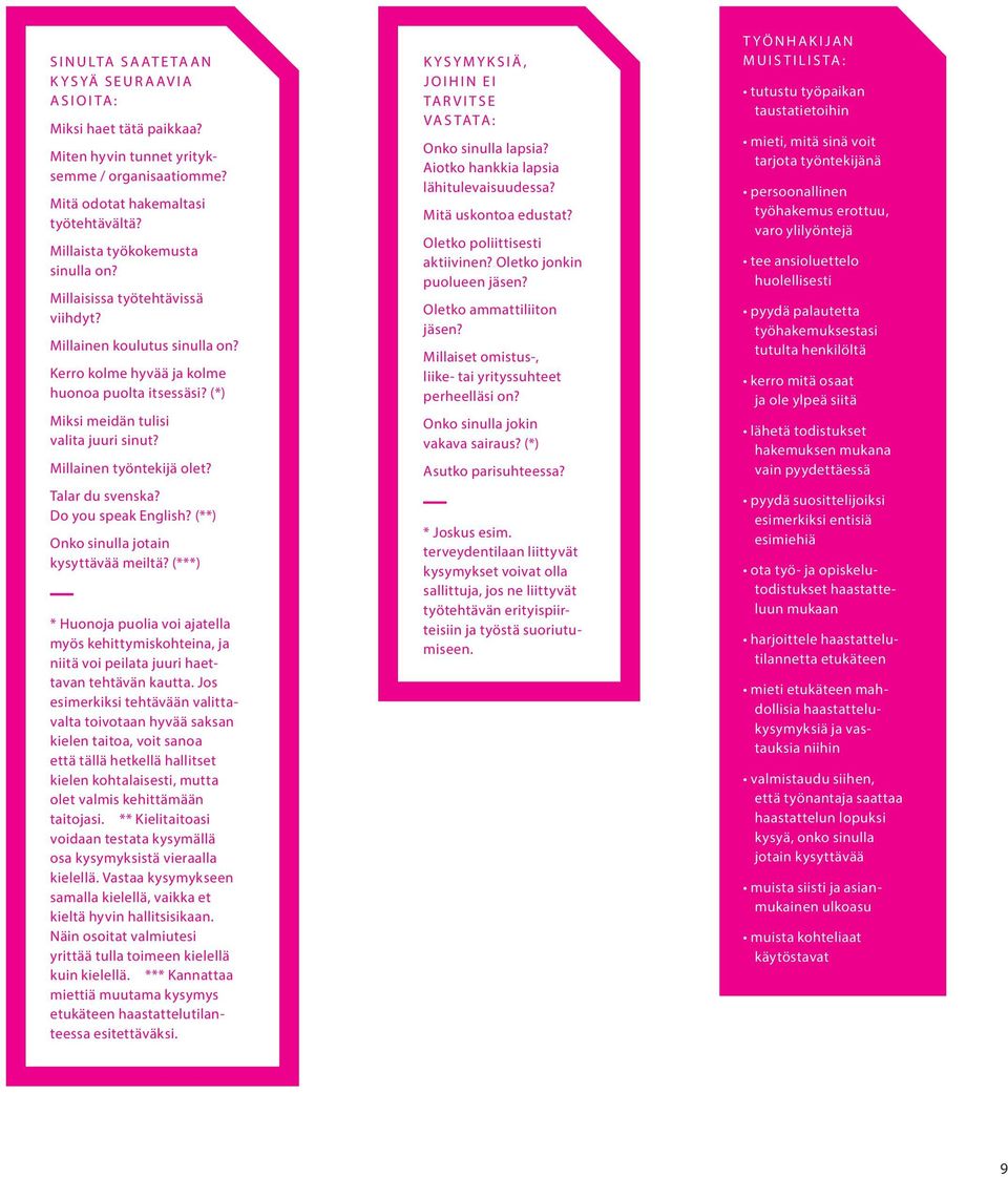 Talar du svenska? Do you speak English? (**) Onko sinulla jotain kysyttävää meiltä? (***) _ * Huonoja puolia voi ajatella myös kehittymiskohteina, ja niitä voi peilata juuri haettavan tehtävän kautta.