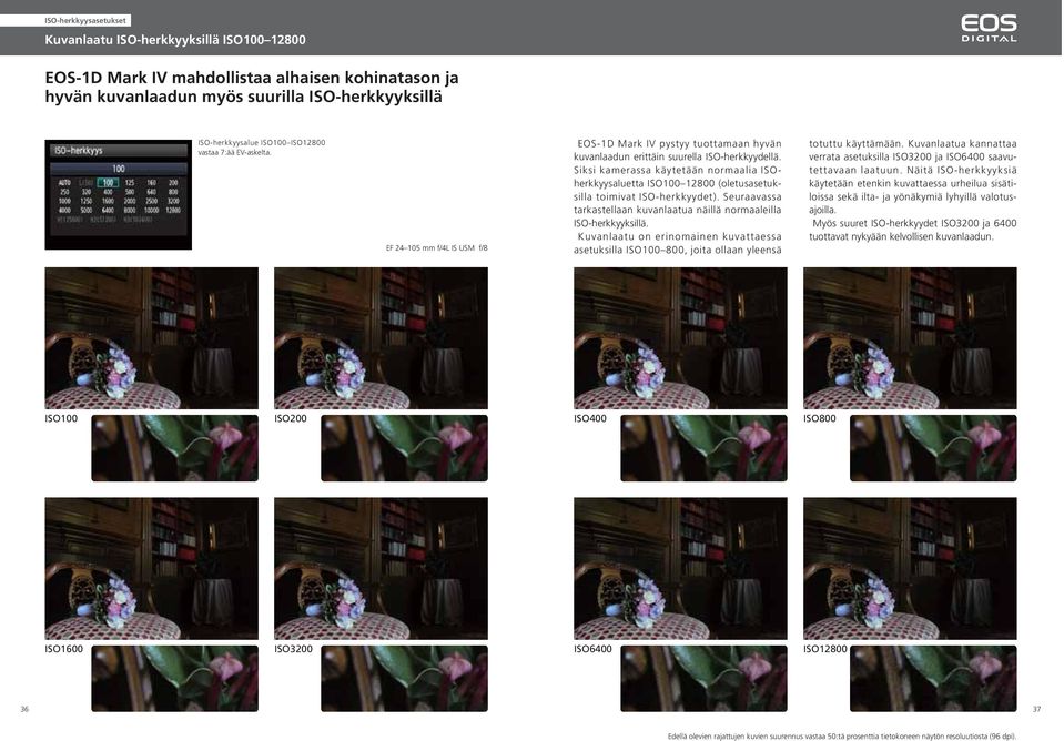 Siksi kamerassa käytetään normaalia ISOherkkyysaluetta ISO100 12800 (oletusasetuksilla toimivat ISO-herkkyydet). Seuraavassa tarkastellaan kuvanlaatua näillä normaaleilla ISO-herkkyyksillä.