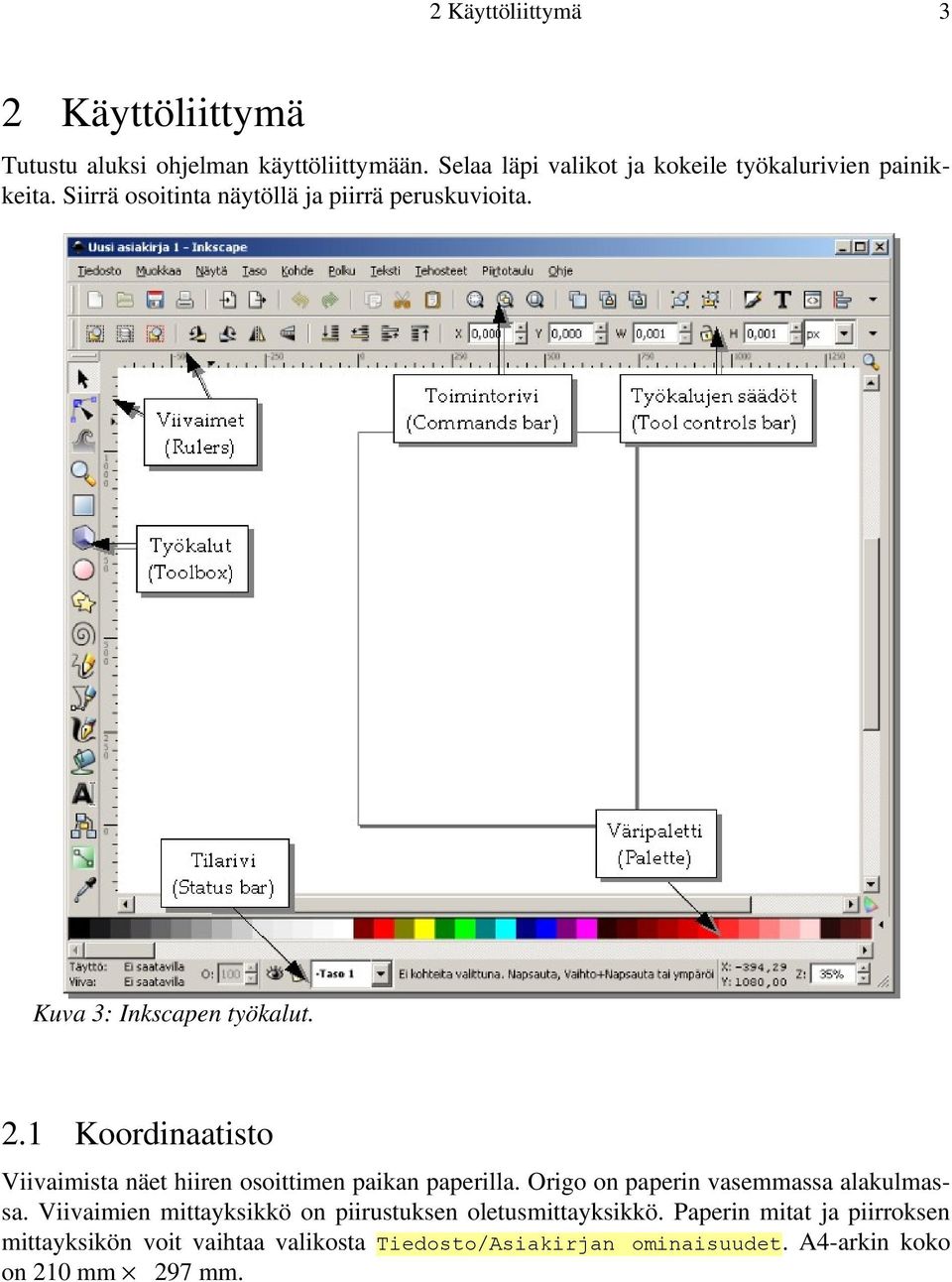Kuva 3: Inkscapen työkalut. 2.1 Koordinaatisto Viivaimista näet hiiren osoittimen paikan paperilla.