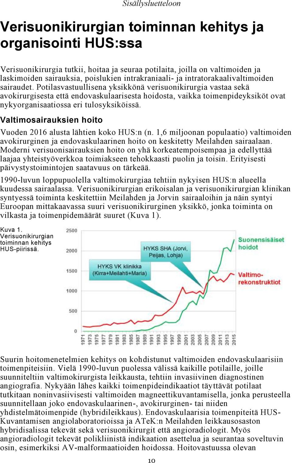 Potilasvastuullisena yksikkönä verisuonikirurgia vastaa sekä avokirurgisesta että endovaskulaarisesta hoidosta, vaikka toimenpideyksiköt ovat nykyorganisaatiossa eri tulosyksiköissä.