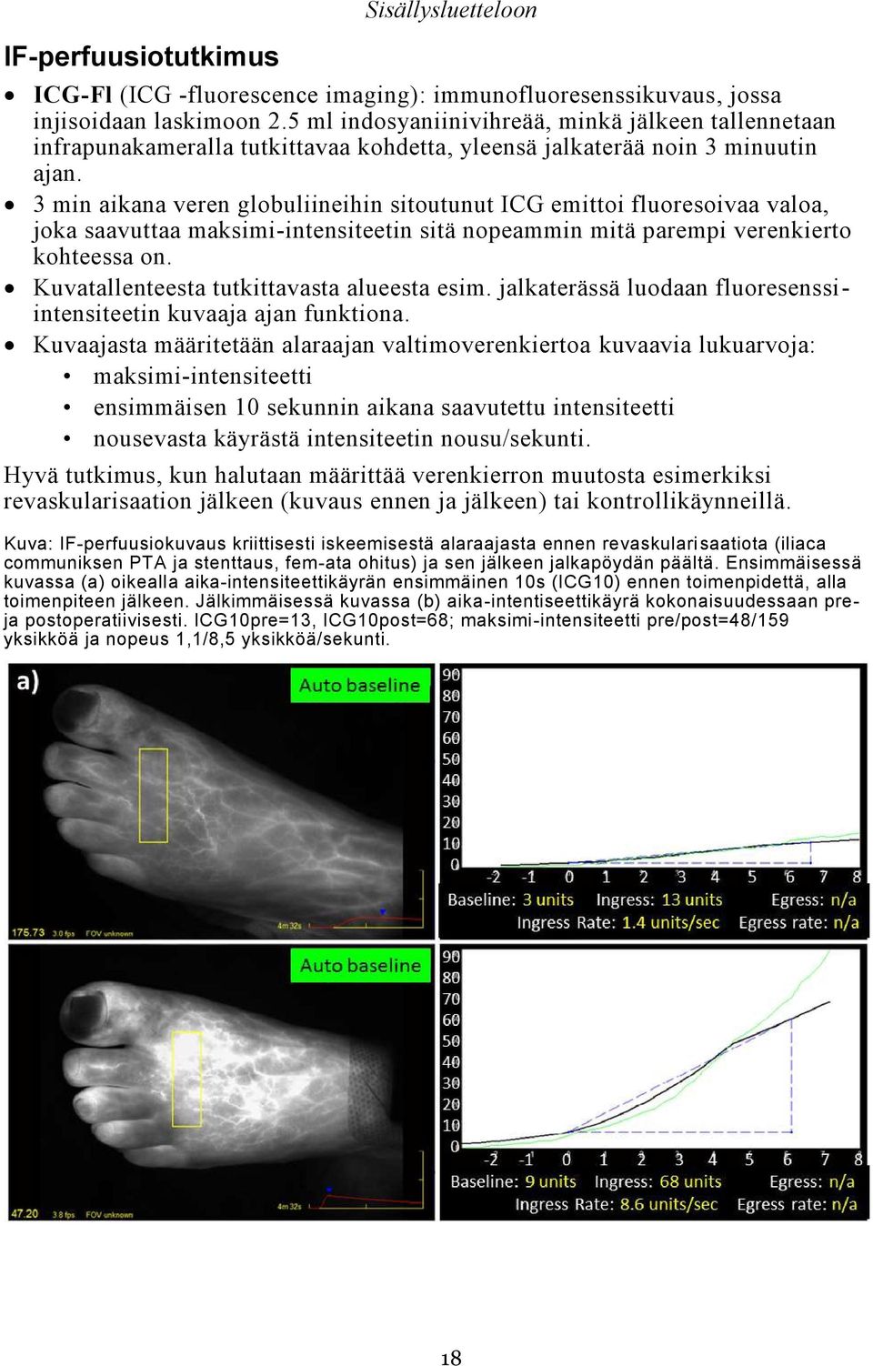 3 min aikana veren globuliineihin sitoutunut ICG emittoi fluoresoivaa valoa, joka saavuttaa maksimi-intensiteetin sitä nopeammin mitä parempi verenkierto kohteessa on.