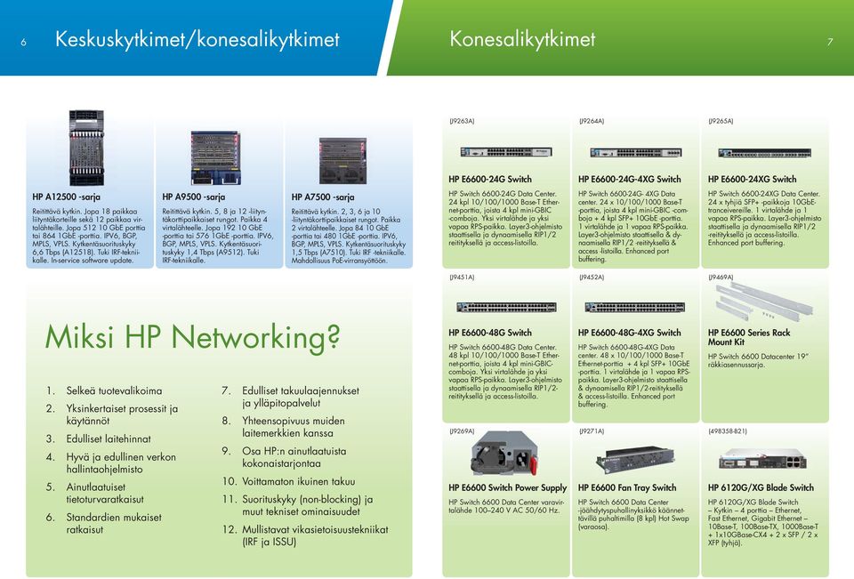 In-service software update. HP A9500 -sarja Reitittävä kytkin. 5, 8 ja 12 -liityntäkorttipaikkaiset rungot. Paikka 4 virtalähteelle. Jopa 192 10 GbE -porttia tai 576 1GbE -porttia.