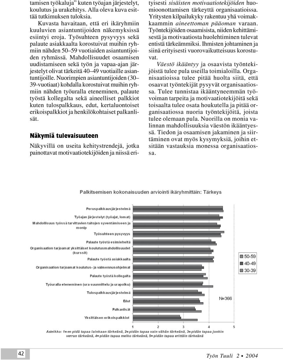 Työsuhteen pysyvyys sekä palaute asiakkaalta korostuivat muihin ryhmiin nähden 50 59 vuotiaiden asiantuntijoiden ryhmässä.