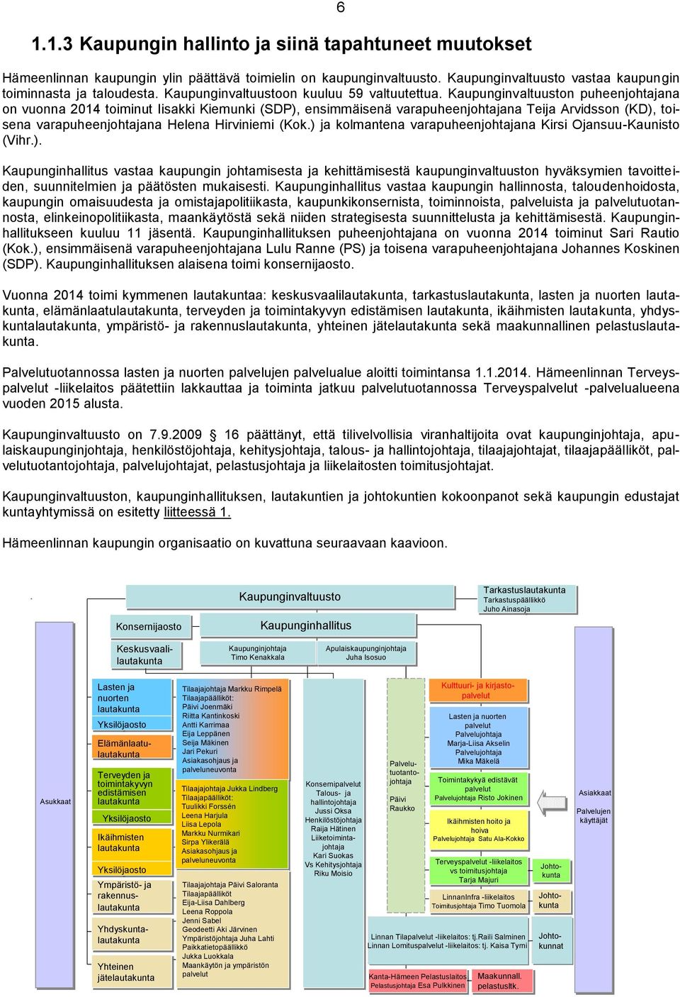 Kaupunginvaltuuston puheenjohtajana on vuonna 2014 toiminut Iisakki Kiemunki (SDP), ensimmäisenä varapuheenjohtajana Teija Arvidsson (KD), toisena varapuheenjohtajana Helena Hirviniemi (Kok.