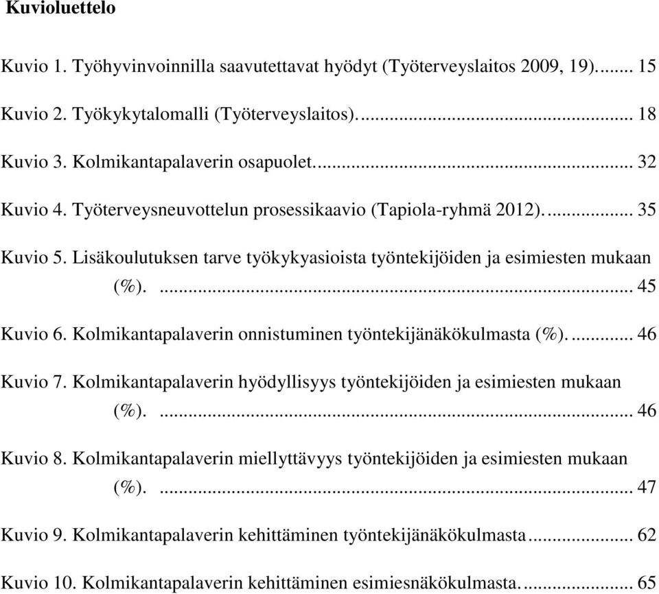 Kolmikantapalaverin onnistuminen työntekijänäkökulmasta (%)... 46 Kuvio 7. Kolmikantapalaverin hyödyllisyys työntekijöiden ja esimiesten mukaan (%).... 46 Kuvio 8.