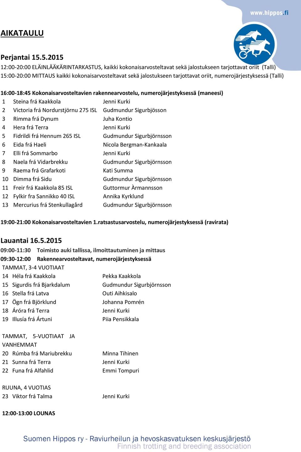 oriit, numerojärjestyksessä (Talli) 16:00-18:45 Kokonaisarvosteltavien rakennearvostelu, numerojärjestyksessä (maneesi) 1 Steina frá Kaakkola Jenni Kurki 2 Victoria frá Nordurstjörnu 275 ISL