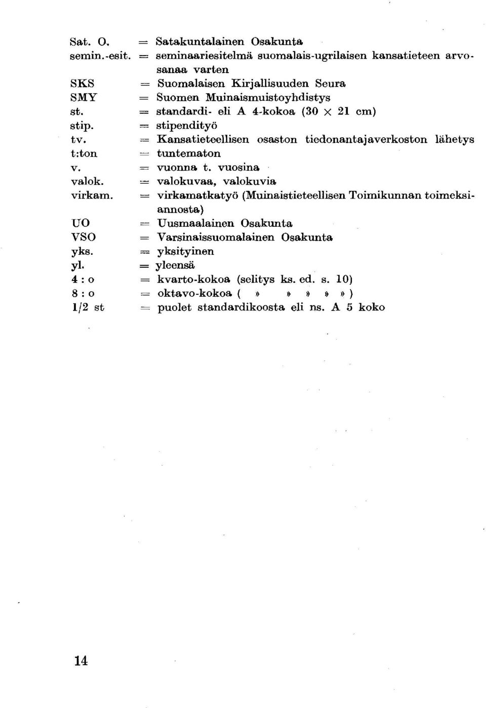 = standardi- eli A 4-kokoa (30 x 21 cm) stip. = stipendityö tv. = Kansatieteellisen osaston tiedonantajaverkoston lähetys t:ton = tuntematon v. = vuonna t. vuosina valok.