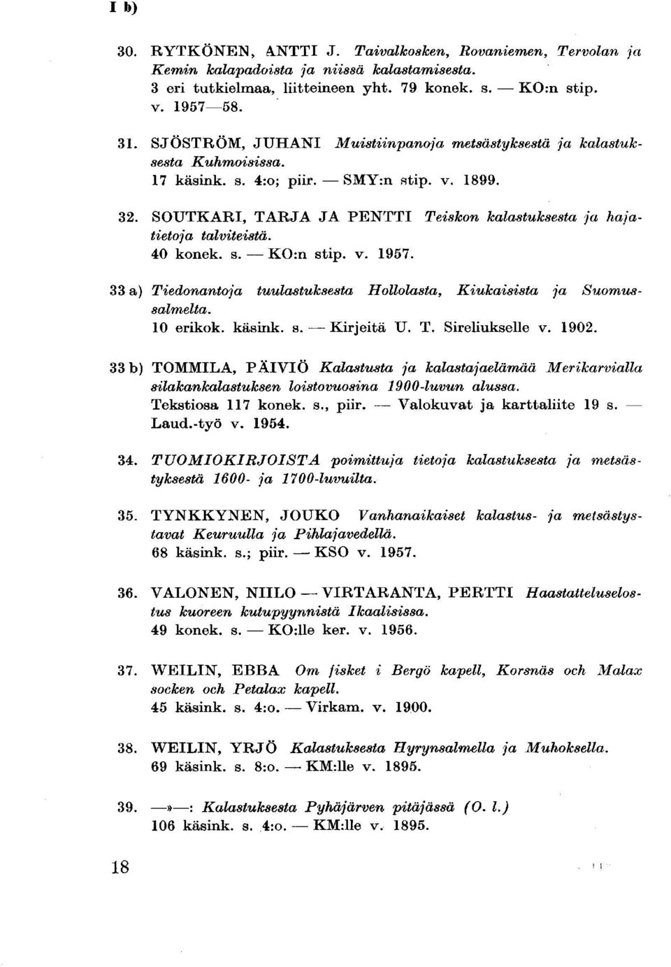 SOUTKARI, TARJA JA PENTTI Teiskon kalastuksesta ja hajatietoja talviteistä. 40 konek. s. KO:n stip. v. 1957. 33 a) Tiedonantoja tuulastuksesta Hollolasta, Kiukaisista ja Suomussalmelta. 10 erikok.